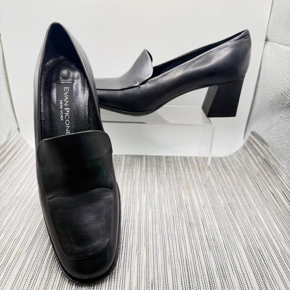 Evan-Picone Shoes - Evan-Picone Black Leather Loafers Size 8.5M Square Toe Block Heel Made in Spain